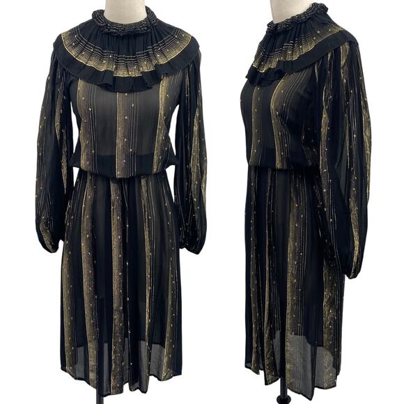 Vintage 70s Metallic Sheer Striped Oversized Ruff Collar Dress Black Gold XS - Picture 1 of 10